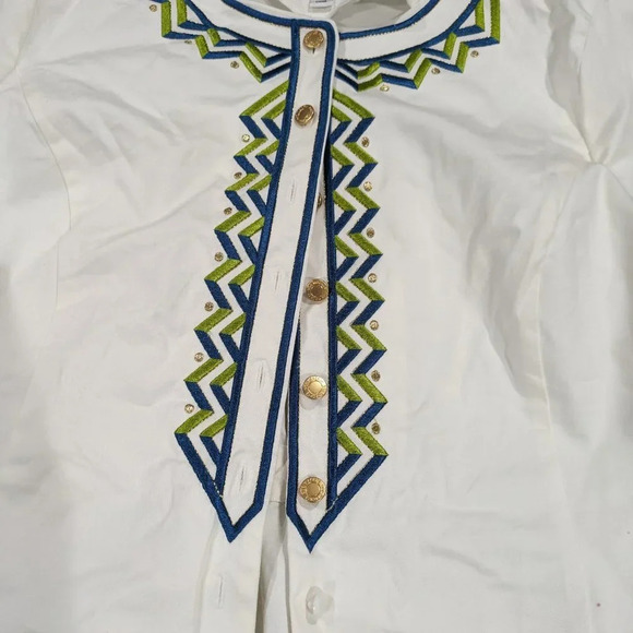Bob Mackie Womens White Zip Zag Embroidered Button Front Twill Jacket Size 1X - Picture 2 of 9